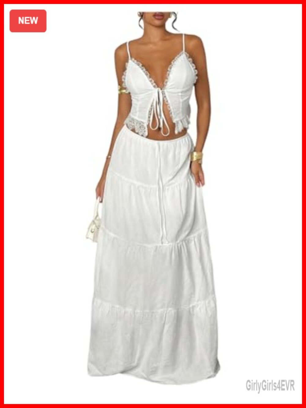2 Piece Tie Front Camisole Top & Tiered Maxi Skirt Set Sleeveless V-Neck